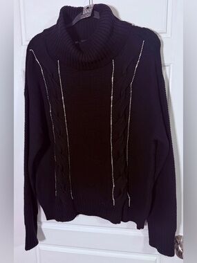 #40 NWOT Black Turtleneck Cable Knit Sweater with Rhinestone Trim
